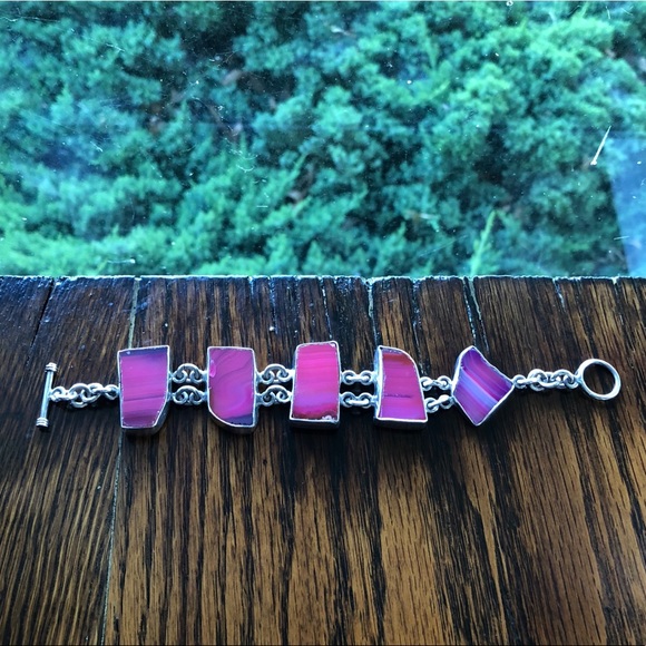 Vintage Sterling Silver Pink Agate Toggle Bracelet - Picture 9 of 16